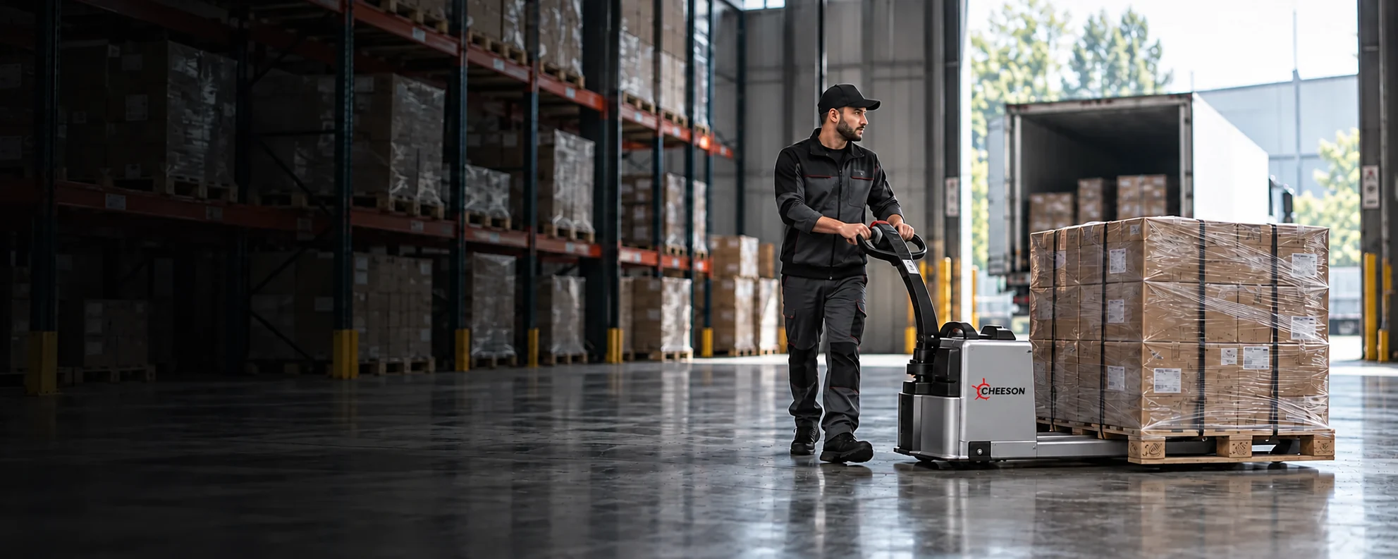 Illustrative worker operating a silver CHEESON electric pallet truck