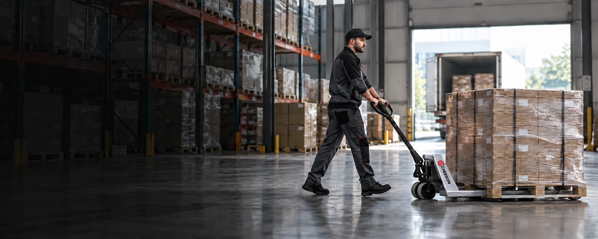 Illustrative warehouse worker using a silver CHEESON hand pallet truck