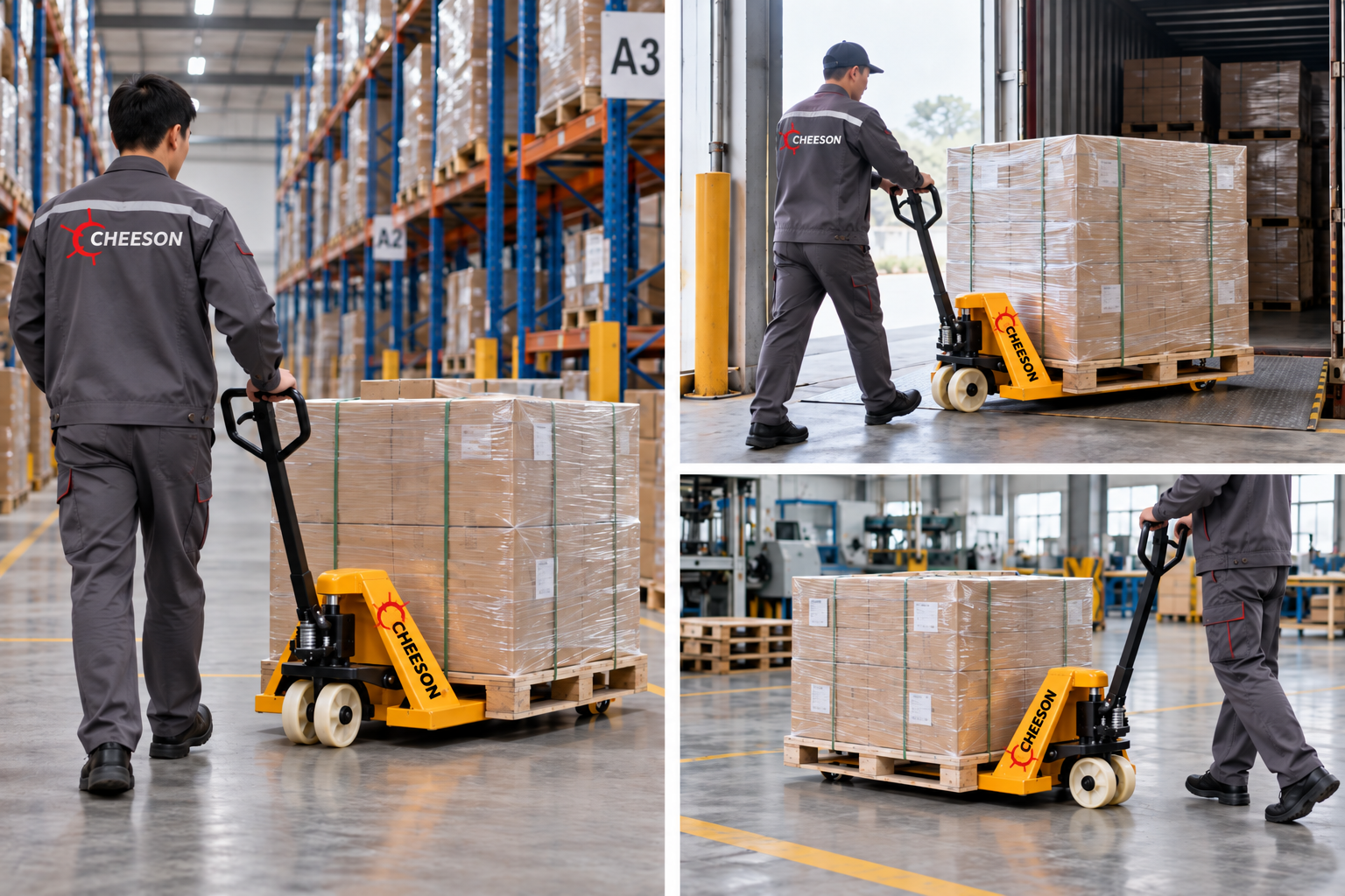Illustrative warehouse application scenes with CHEESON pallet trucks